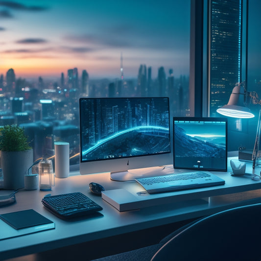 A futuristic desk with a sleek laptop, surrounded by various digital devices, including a smartwatch, wireless earbuds, and a tablet, amidst a blurred cityscape background with subtle neon lights.