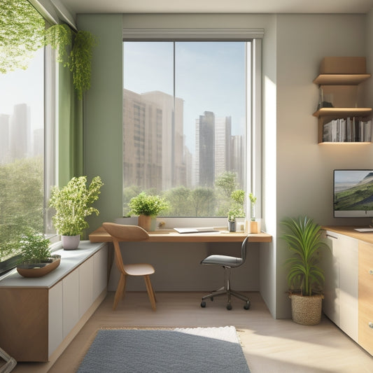 A tidy, minimalist room with a Murphy bed, a compact desk, and a shelf with baskets and bins, surrounded by calming greenery, with a subtle cityscape outside the window.