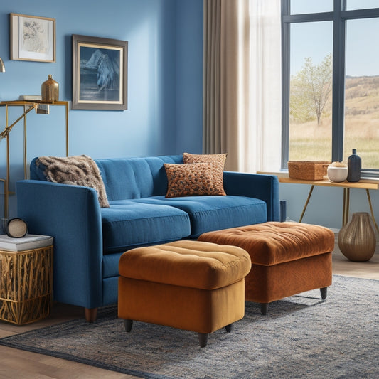 A clutter-free living room with a sturdy, cube-shaped ottoman featuring a removable, tufted velvet top, wooden legs, and a storage compartment filled with neatly folded throw blankets and a few decorative pillows.