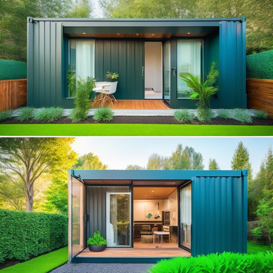 A modern, sleek container home with a retractable staircase, murphy bed, and a sliding glass door that opens to a compact, lush garden with a vertical green wall and a small, circular seating area.