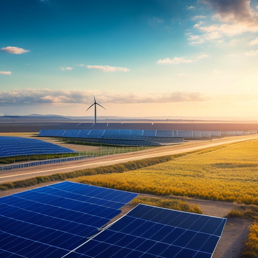 A futuristic landscape featuring a sprawling solar farm with rows of sleek, black panels, beside a battery storage facility with cylindrical units and a wind turbine in the background.