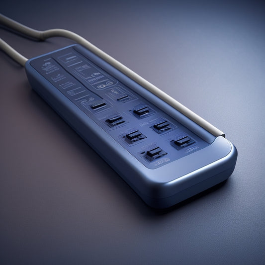 A sleek, modern power strip with 6 outlets and 3 USB ports, set against a dark gray background, with a subtle whirlwind design pattern etched into the strip's surface.