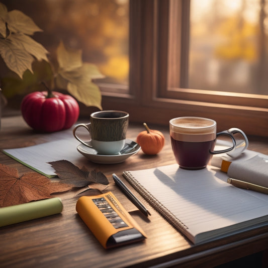 An organized desk with a refillable planner bundle, colorful pens, and a cup of steaming coffee, surrounded by scattered papers and a few fallen leaves, with a blurred background of a cozy study room.