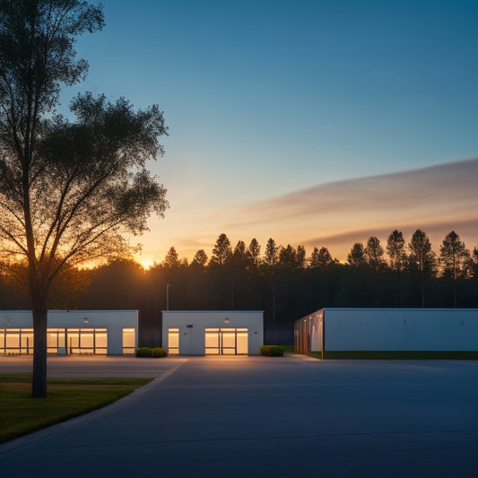 A serene, well-lit exterior of a modern storage facility at dusk, with a gated entrance, rows of beige storage units, and a few trees surrounding the property.
