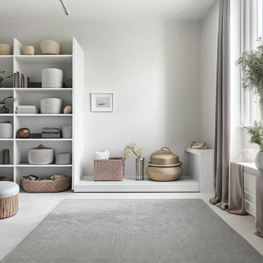 A modern, minimalist room with sleek, floor-to-ceiling shelves, a few stylish storage ottomans, and a few decorative baskets, all in a calming, monochromatic color scheme, with plenty of natural light.