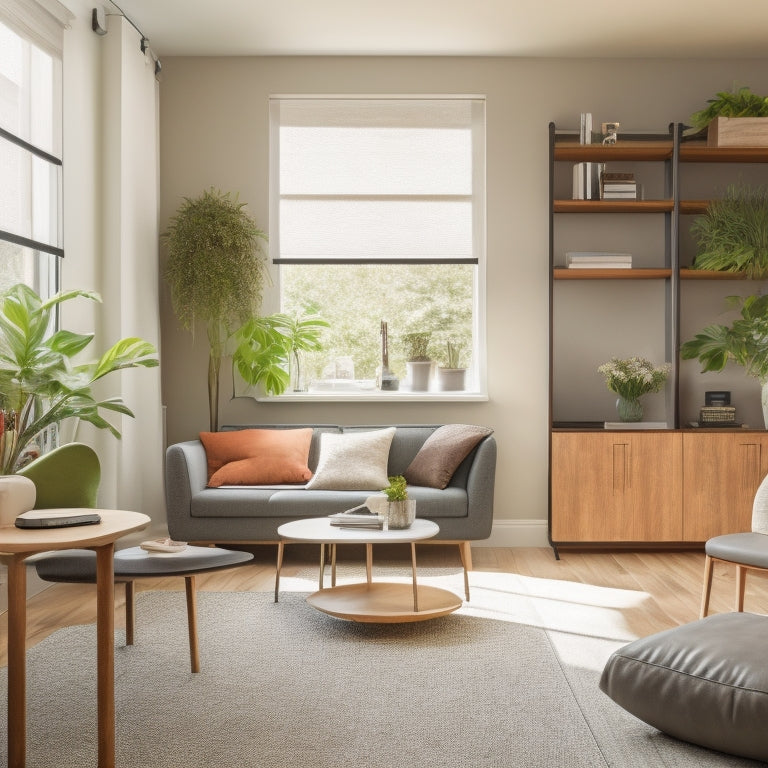 A clutter-free, minimalist living room with a sleek Murphy bed, wall-mounted shelves, and a compact desk with a built-in storage ottoman, surrounded by plants and natural light.