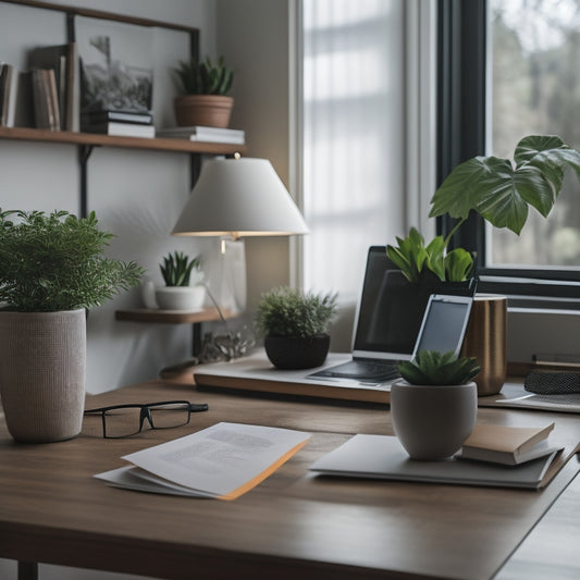 A tidy desk with a laptop, a small potted plant, and a few organized papers, surrounded by a minimalist background, with a few subtle hints of a bookshelf and a comfortable chair in the distance.