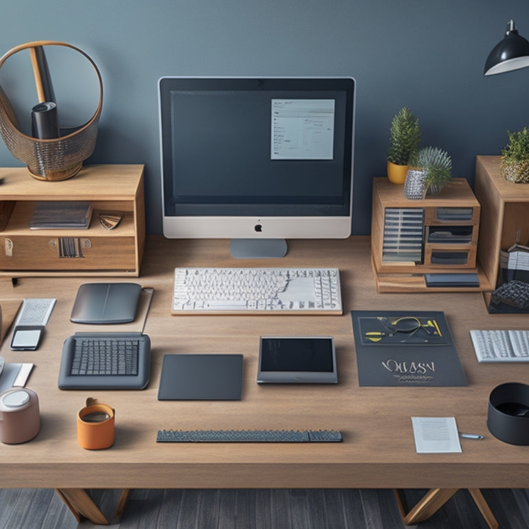 A stylized illustration of a organized workspace with a sleek, modern computer surrounded by neatly labeled folders, a tidy desk, and a minimalist background, conveying a sense of streamlined productivity.