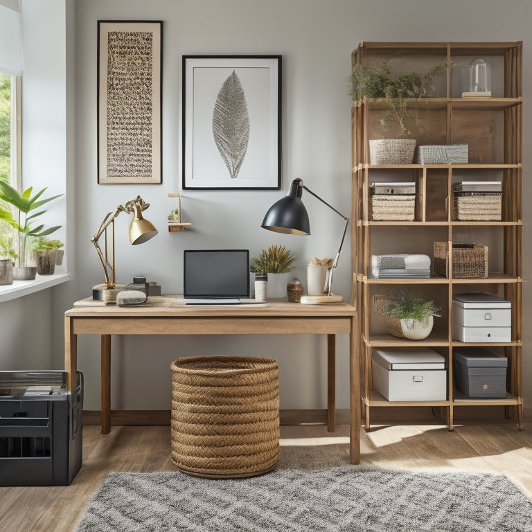 A tidy, modern home office with a repurposed wooden crate shelving unit, a woven basket storing rolls of paper, and a minimalist desk with a small, three-tiered metal tray organizer.
