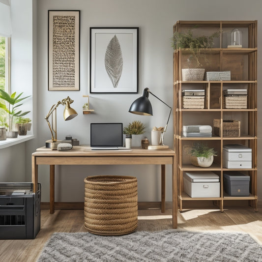 A tidy, modern home office with a repurposed wooden crate shelving unit, a woven basket storing rolls of paper, and a minimalist desk with a small, three-tiered metal tray organizer.