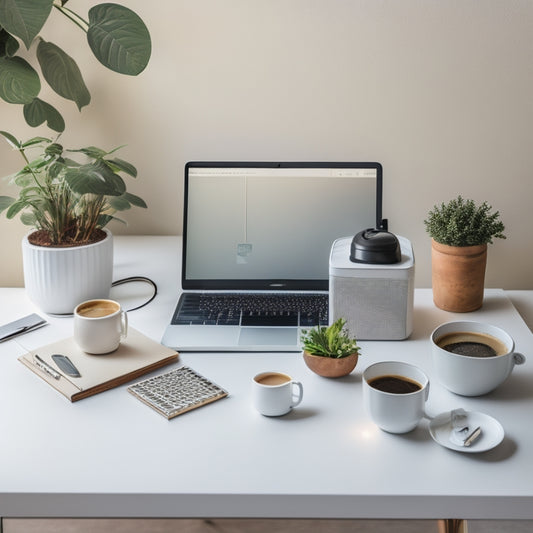 A serene, organized desk with a laptop, a cup of steaming coffee, and a few, neatly stacked files, surrounded by a subtle, calming greenery, set against a soft, creamy white background.