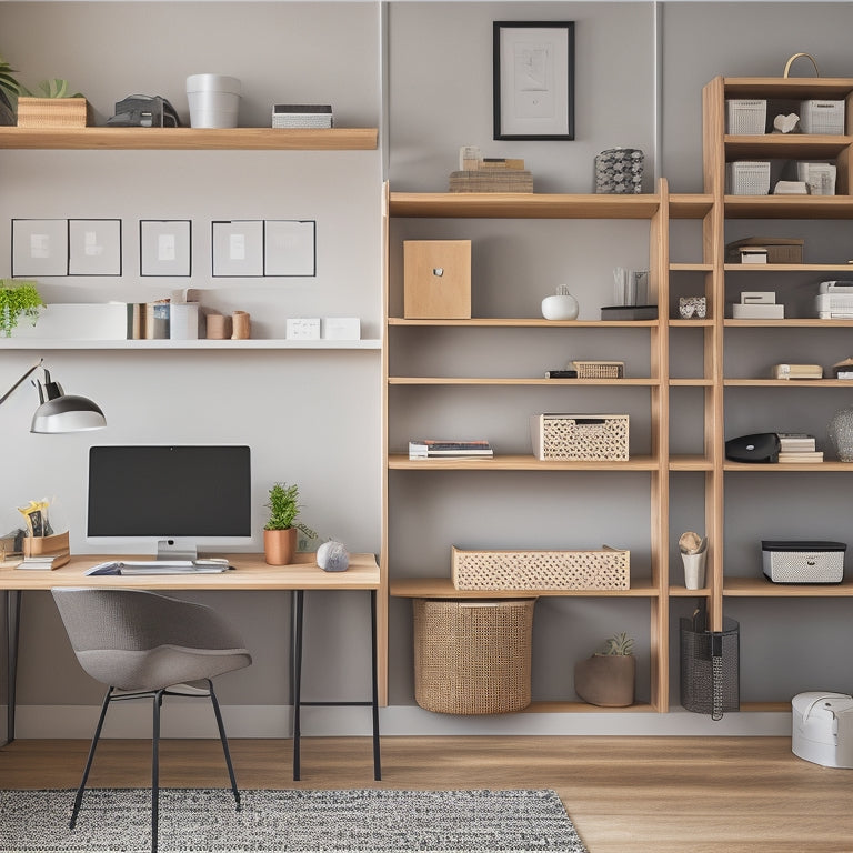 A tidy, modern home office with a sleek desk, minimalist shelving, and a wall-mounted pegboard, featuring a tablet displaying a digital storage app, surrounded by neatly organized storage bins and baskets.