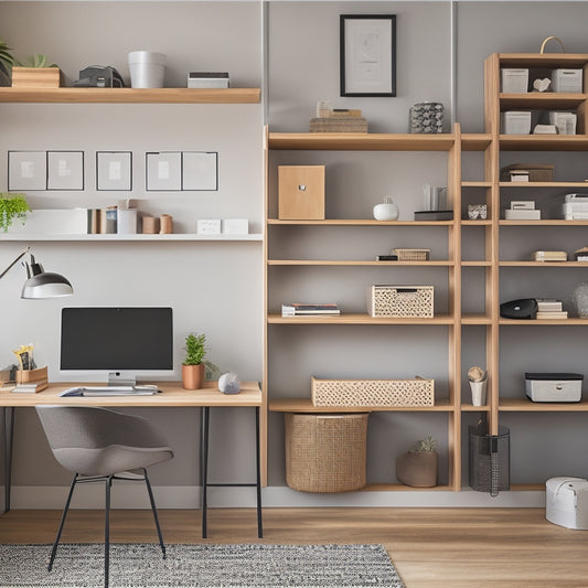 A tidy, modern home office with a sleek desk, minimalist shelving, and a wall-mounted pegboard, featuring a tablet displaying a digital storage app, surrounded by neatly organized storage bins and baskets.