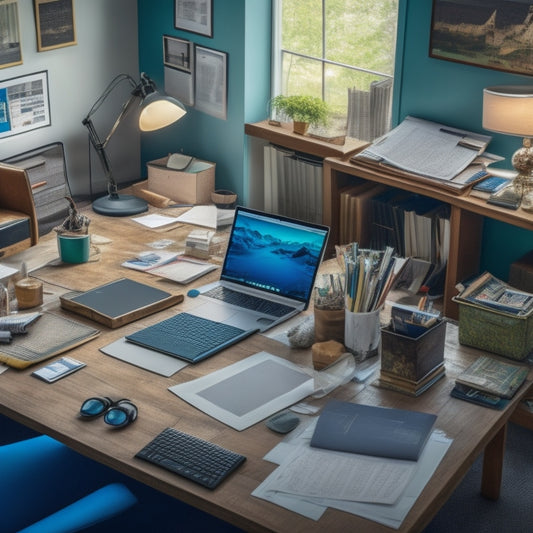 A cluttered home office with papers scattered across a desk, chairs piled high with files, and a computer buried beneath a mess, contrasted with a clean and organized digital workspace on a tablet or laptop screen.