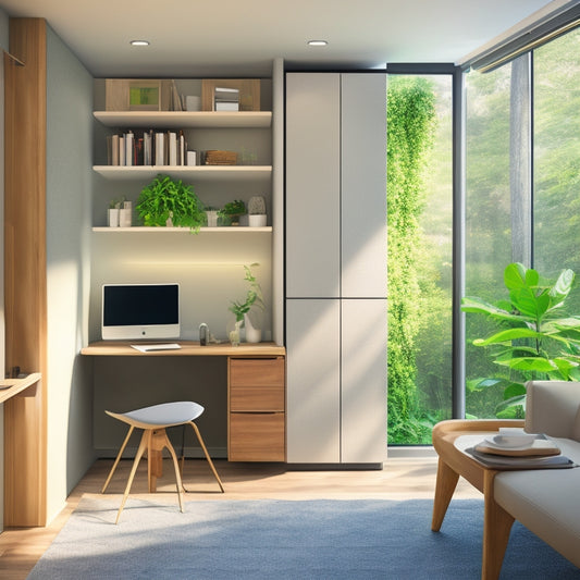 A minimalist, modern living space with a Murphy bed, wall-mounted shelves, and a compact, space-saving desk, surrounded by lush greenery and plenty of natural light.