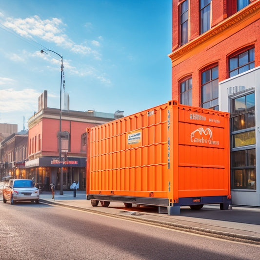 A cargo container with a customized, bright orange logo on the side, parked in front of a small, independent business with a busy main street in the background.