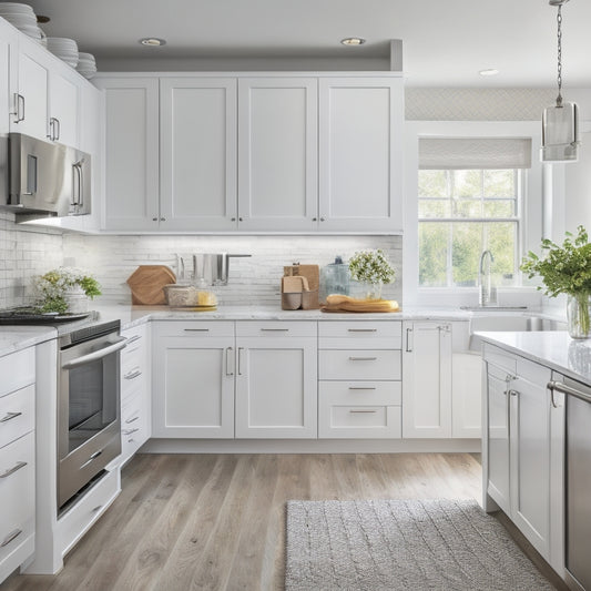 A bright, modern kitchen with sleek white cabinets, stainless steel appliances, and quartz countertops, featuring a pull-out pantry, spice rack, and utensil organizer, with ample natural light pouring in.
