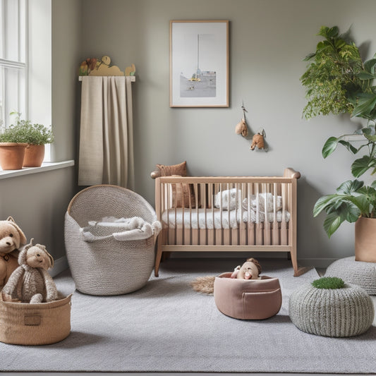 A serene nursery scene with a crib against a soft, gray wall, surrounded by a few, carefully placed toys and a minimalist changing station, with a natural fiber rug and a few, potted green plants.