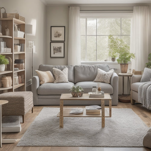 A serene, organized living room with a few, carefully curated possessions, amidst a subtle background of before-and-after clutter, with a few scattered organizing tools, and a calm, natural light.