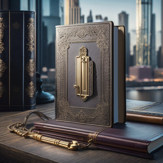 A regal, leather-bound book with golden filigree and a large, embossed silver key on the cover, resting on a dark, polished wooden desk, surrounded by sleek, modern skyscrapers in the background.