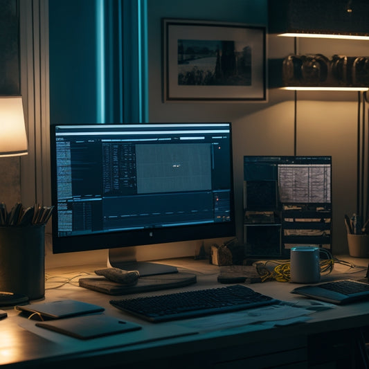 A messy, dimly lit home office with tangled cords, stacked papers, and dusty devices, contrasted with a sleek, minimalist laptop screen displaying a organized digital dashboard in the background.