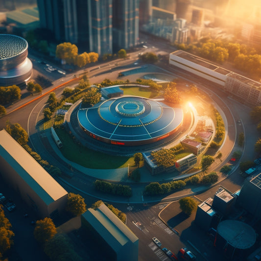 A futuristic, aerial cityscape with sleek, modern self-storage facilities amidst bustling streets, featuring cranes and construction equipment, surrounded by greenery and a subtle, glowing keyhole symbol in the center.