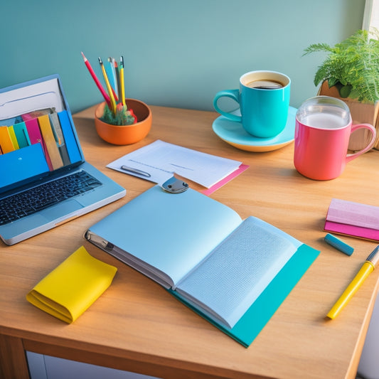 A tidy, minimalist desk with a laptop, a cup of steaming coffee, and a few colorful pens, surrounded by neatly arranged papers and a few organized folders, with a subtle background of a clean and organized home.