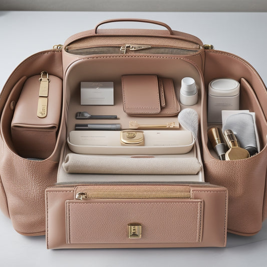 A tidy, neutral-colored purse interior with a custom organizer system featuring compartments, dividers, and pockets in various shapes and sizes, filled with neatly arranged cosmetics, keys, and wallet.