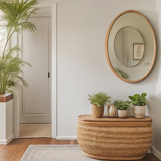 A tidy, minimalist foyer with a narrow console table, a few hooks, and a woven basket underneath, surrounded by a few potted plants and a small, circular mirror on the wall.