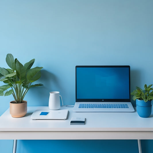 A serene, minimalist workspace with a sleek laptop, a few carefully placed plants, and a tidy cable organizer, surrounded by a subtle, gradient blue background, evoking a sense of calm and control.