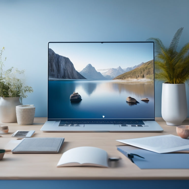 A serene digital workspace depicted on a sleek, silver laptop screen, with neatly organized folders, colorful tabs, and a few strategically placed icons, set against a calming light blue background.
