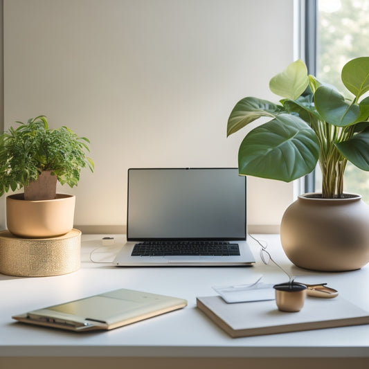 A serene, minimalist workspace with a tidy desk, a few carefully placed office supplies, a small potted plant, and a partially open laptop, set against a soft, creamy background.