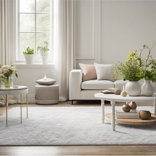 A serene, minimalist living room with a few, carefully selected decorative pieces, a plush area rug, and a vase with fresh flowers, set against a calming, creamy white background.