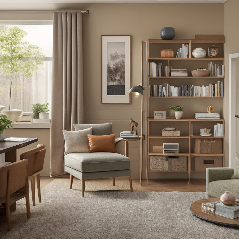 A cozy, clutter-free senior's living room with a compact, wall-mounted fold-down desk, a sleek, space-saving bookshelf, and a minimalist, multi-functional furniture set, surrounded by calm, earthy tones.