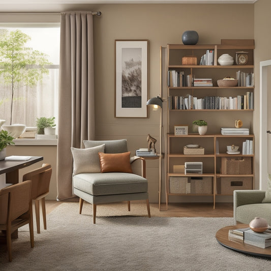 A cozy, clutter-free senior's living room with a compact, wall-mounted fold-down desk, a sleek, space-saving bookshelf, and a minimalist, multi-functional furniture set, surrounded by calm, earthy tones.