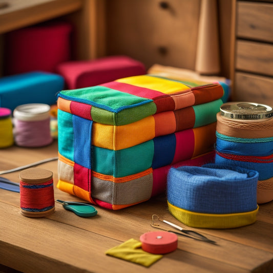 A colorful, partially unzipped storage cube with mismatched fabric patches, surrounded by sewing supplies, threads, and scraps of fabric, on a rustic wooden table with a subtle, soft focus background.