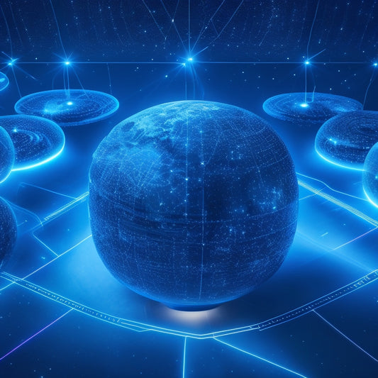 A futuristic, glowing hub with interconnected nodes and glowing blue lines, surrounded by floating icons of calendars, files, and tasks, set against a dark, starry night sky background.