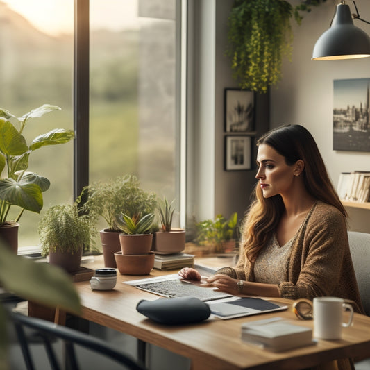 A warm and inviting home office setup with a confident female entrepreneur sitting at a clutter-free desk, surrounded by plants and inspirational artwork, with a cityscape or nature view in the background.