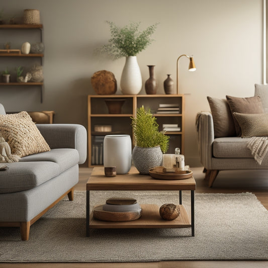 A serene, well-organized living room with a few, carefully selected decorative items on a minimalist shelf, a tidy coffee table, and a closed storage ottoman with a few subtle labels.