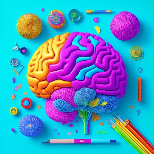 A vibrant, whimsical illustration of a human brain surrounded by colorful, swirling shapes and lines, with various artistic tools and objects orbiting around it, set against a bright, gradient blue background.