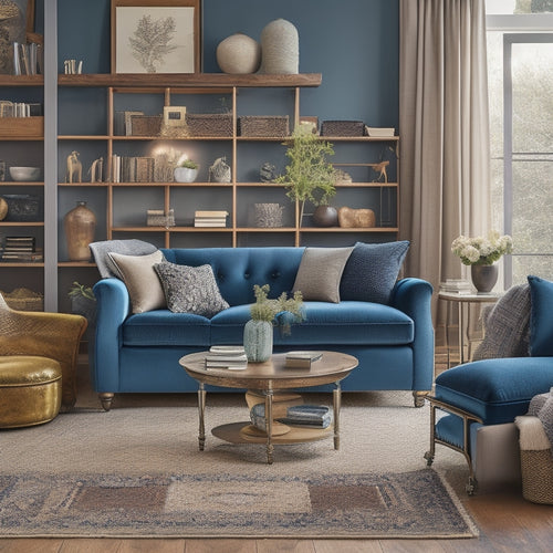 A neatly organized living room with a stunning DIY storage ottoman as the centerpiece, featuring a sturdy wooden frame, plush velvet upholstery, and ornate metal legs, surrounded by scattered throw pillows and a few carefully placed books.