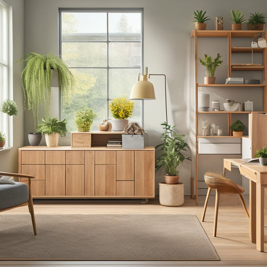 A serene, well-lit room with a minimalist aesthetic, featuring a sleek, wooden desk with neatly labeled drawers, a few potted plants, and a floor-to-ceiling shelving unit with organized storage bins.