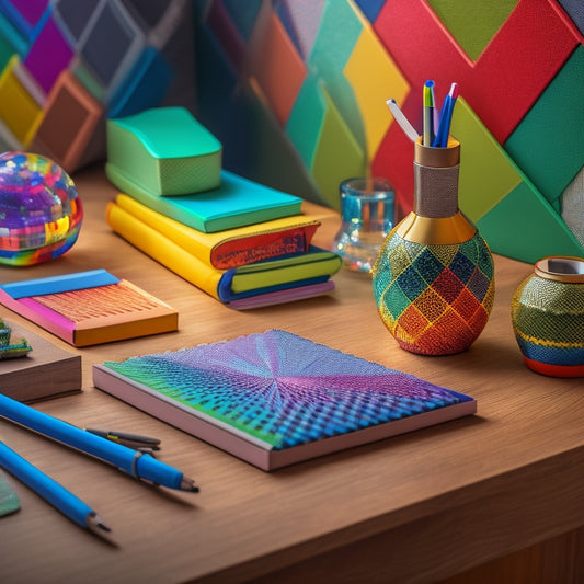 A tidy, well-lit desk with a rainbow of pens, pencils, and highlighters arranged in a geometric pattern on a wooden tray, surrounded by neatly stacked notebooks and a few decorative paperweights.