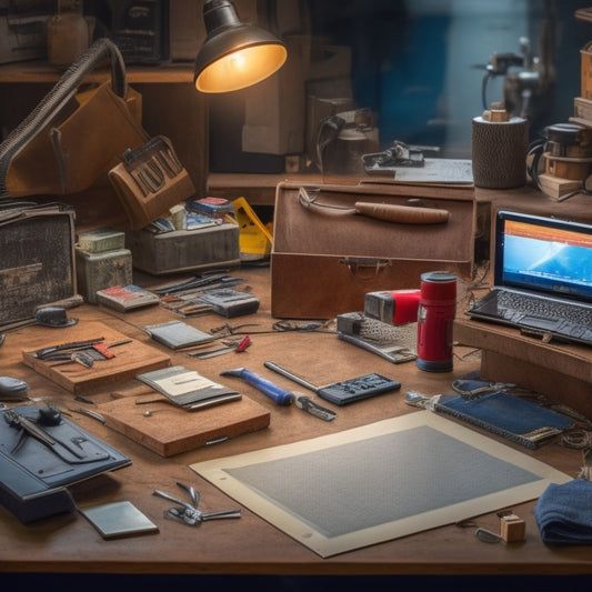 A cluttered workbench with various electronic devices in disassembly, tools scattered around, and wiring diagrams pinned to a corkboard, with a single, sleek, leather-bound manual lying open in the center.