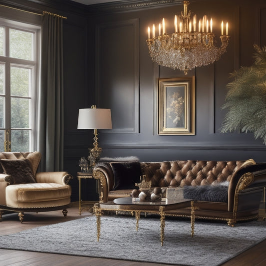 A luxurious living room with a mix of modern and vintage furniture, adorned with gold accents, velvet pillows, and a statement chandelier, set against a backdrop of rich, dark wood paneling and creamy white walls.