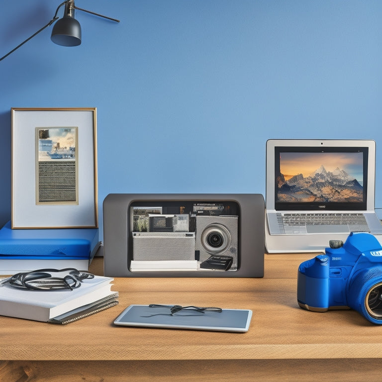 A tidy desk with a laptop, external hard drive, and a few framed photos, surrounded by organized cables and a miniature calendar, set against a soft, gradient blue background.