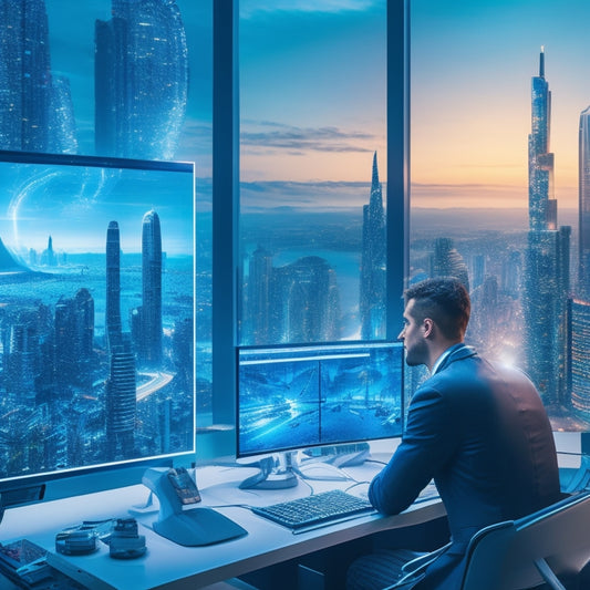A futuristic, high-tech cityscape with a giant robotic arm in the foreground, surrounded by holographic screens displaying 3D models of humans in various work environments.