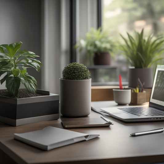 A tidy, modern office desk with a sleek laptop, a small potted plant, and a neatly labeled file organizer, set against a blurred background of a bustling office environment.