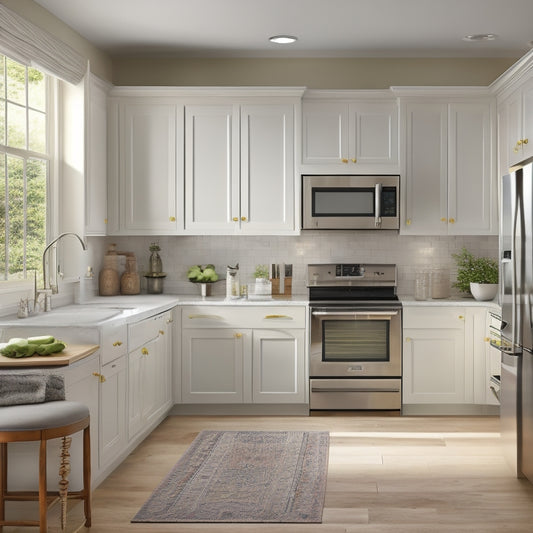 A serene kitchen interior with a subtle warm glow, featuring a tidy row of appliances with gleaming surfaces, surrounded by ample space, and a faint hint of a checklist or planner on the nearby countertop.