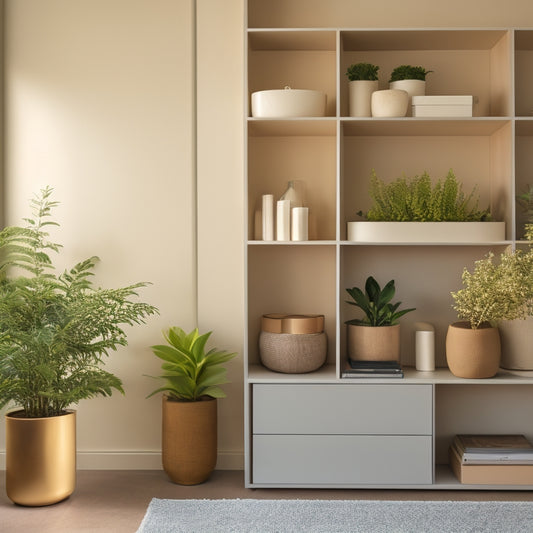 A serene, minimalist room with a few, carefully curated possessions, featuring a sleek, low-profile shelf with three neatly stacked, matching storage bins, and a single, elegant, potted plant.